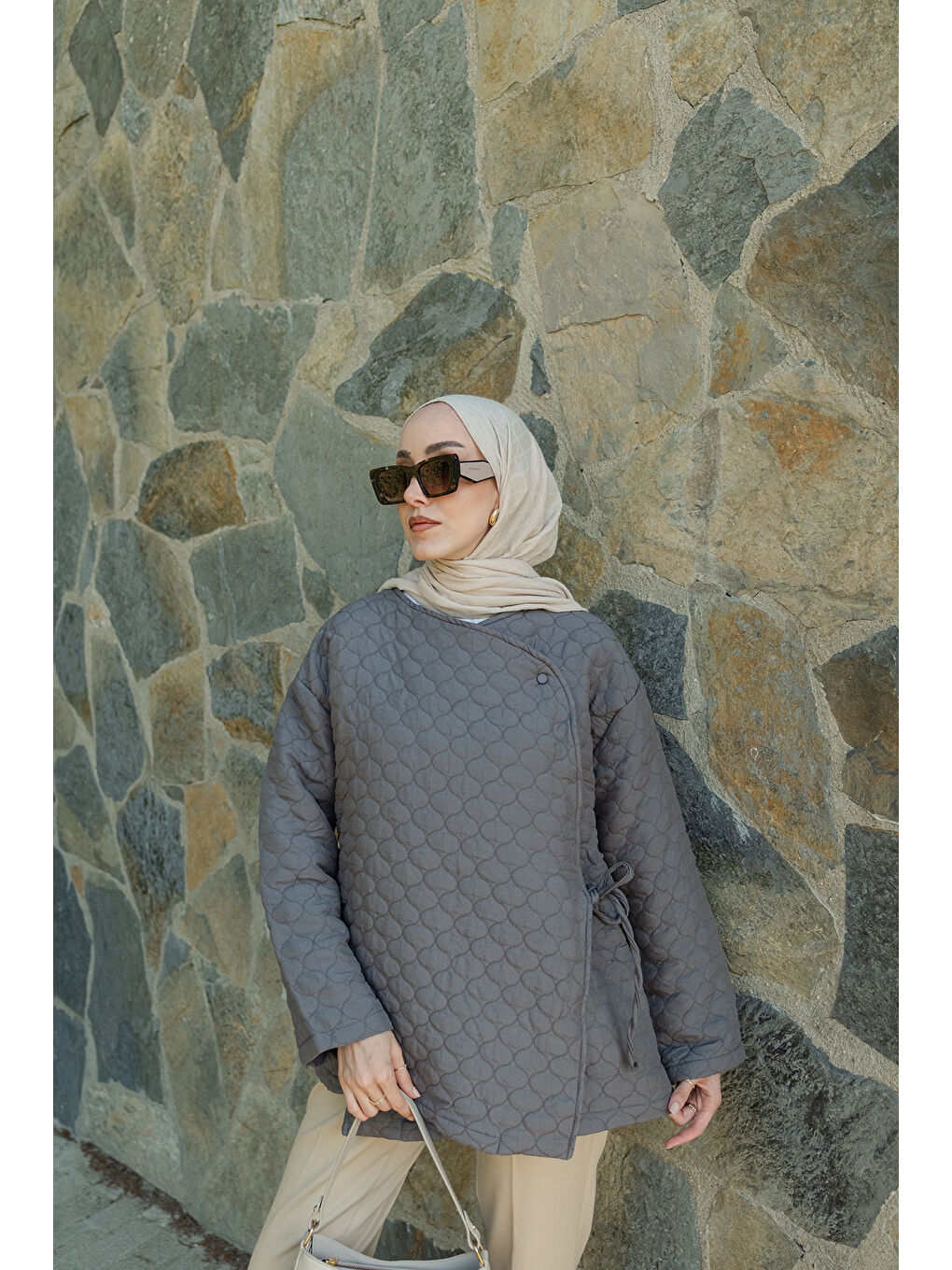 Kadın Düğme Detay Bağlamalı Ceket Gri