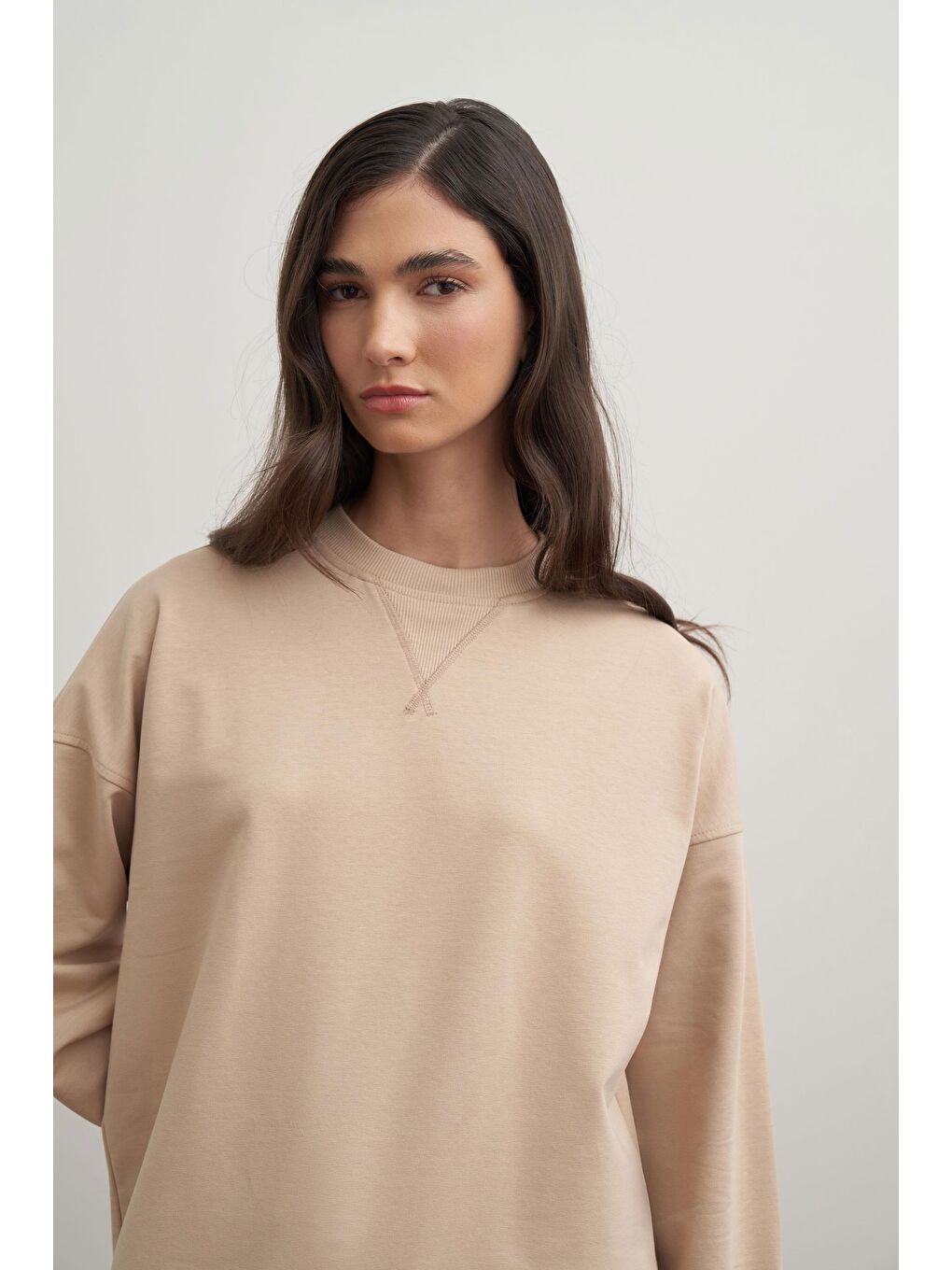 Bej-Pamuklu Kaşkorse Detaylı Sweatshirt-5