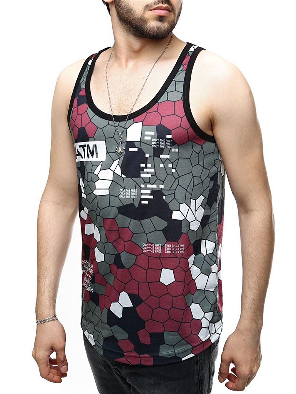 Bordo Kamuflaj Desenli Erkek Kolsuz Tişört