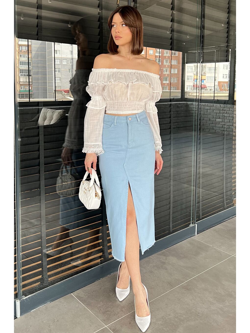 Mavi Kadın Çift Cepli Yırtmaç Detaylı Jean Etek-1