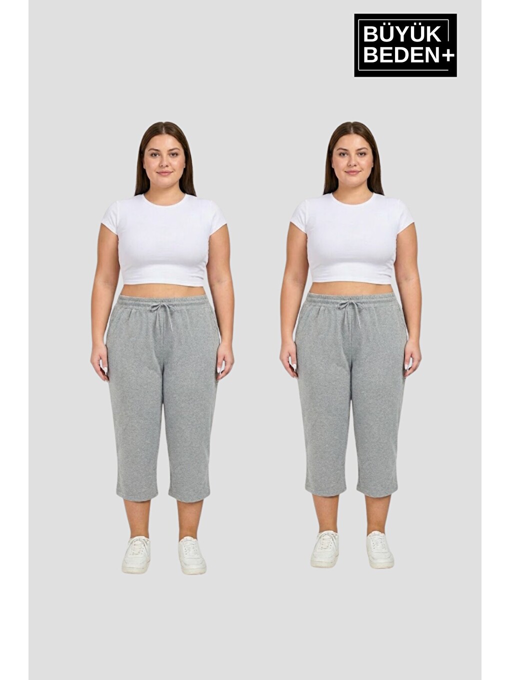 Gri Büyük Beden Kadın İkili Set Kapri Şort Rahat Kalıp 3XL-6XL SPR26BSRK591+2