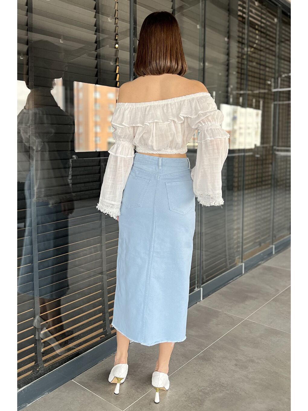 Mavi Kadın Çift Cepli Yırtmaç Detaylı Jean Etek-2