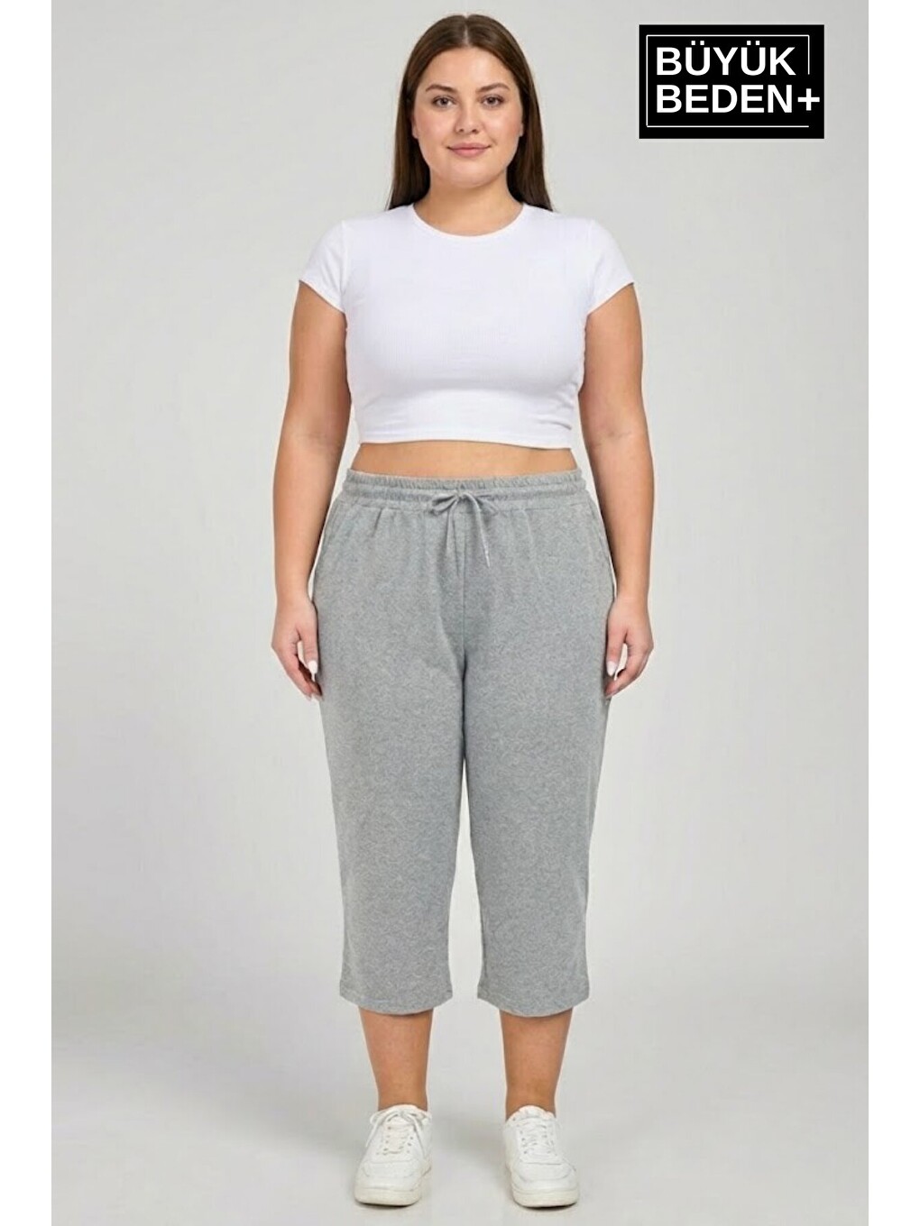 Gri Büyük Beden Kadın İkili Set Kapri Şort Rahat Kalıp 3XL-6XL SPR26BSRK591+2-1