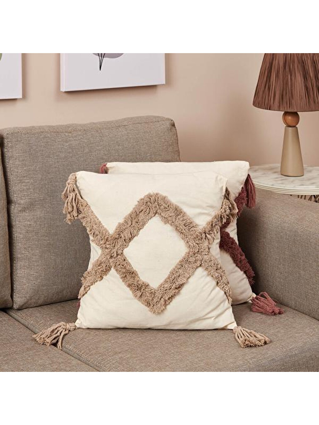 Beyaz Motif Makrome Handmade Kırlent - Bej / Ekru - 42x42 cm