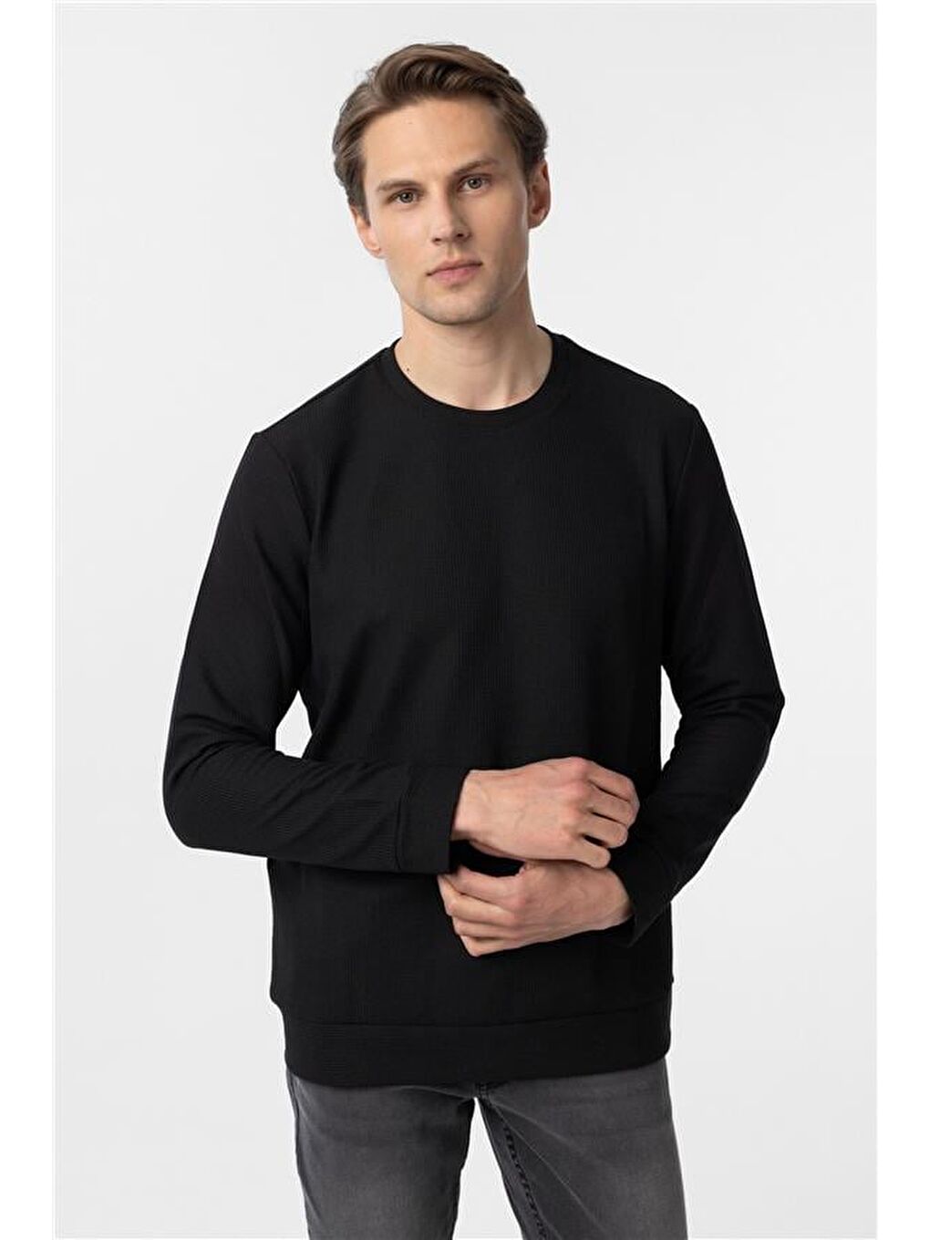 Siyah Regular Armürlü Bisiklet Yaka Triko-1