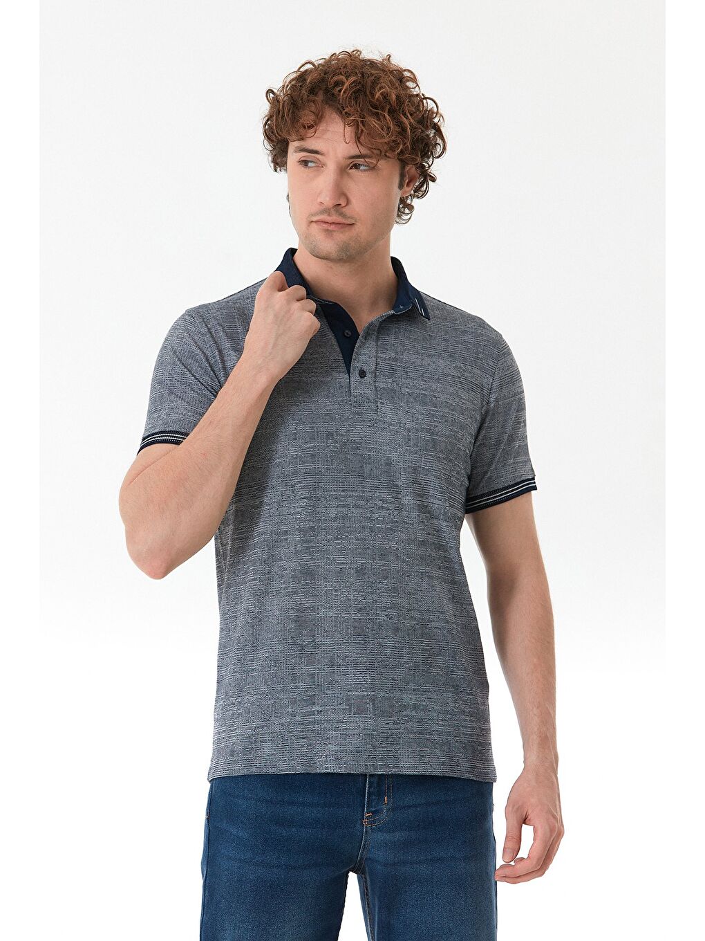 Lacivert Kırçıllı Polo Yaka Yarım Düğmeli Tişört-1