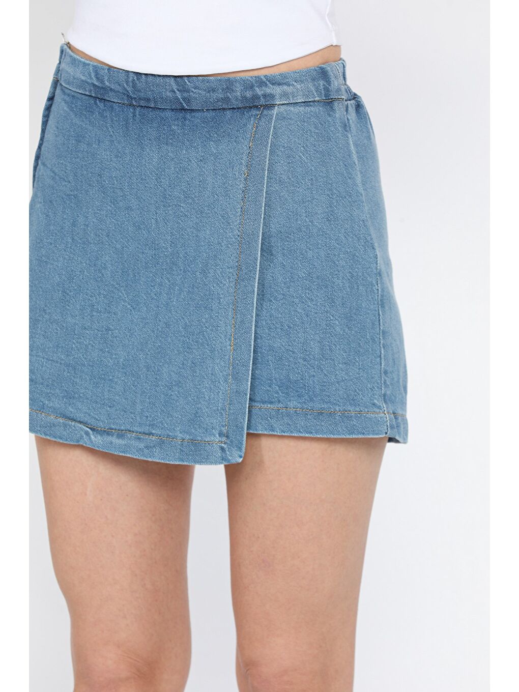 Mavi Kadın Fermuarlı Bel Lastikli Jean Şort Etek-3