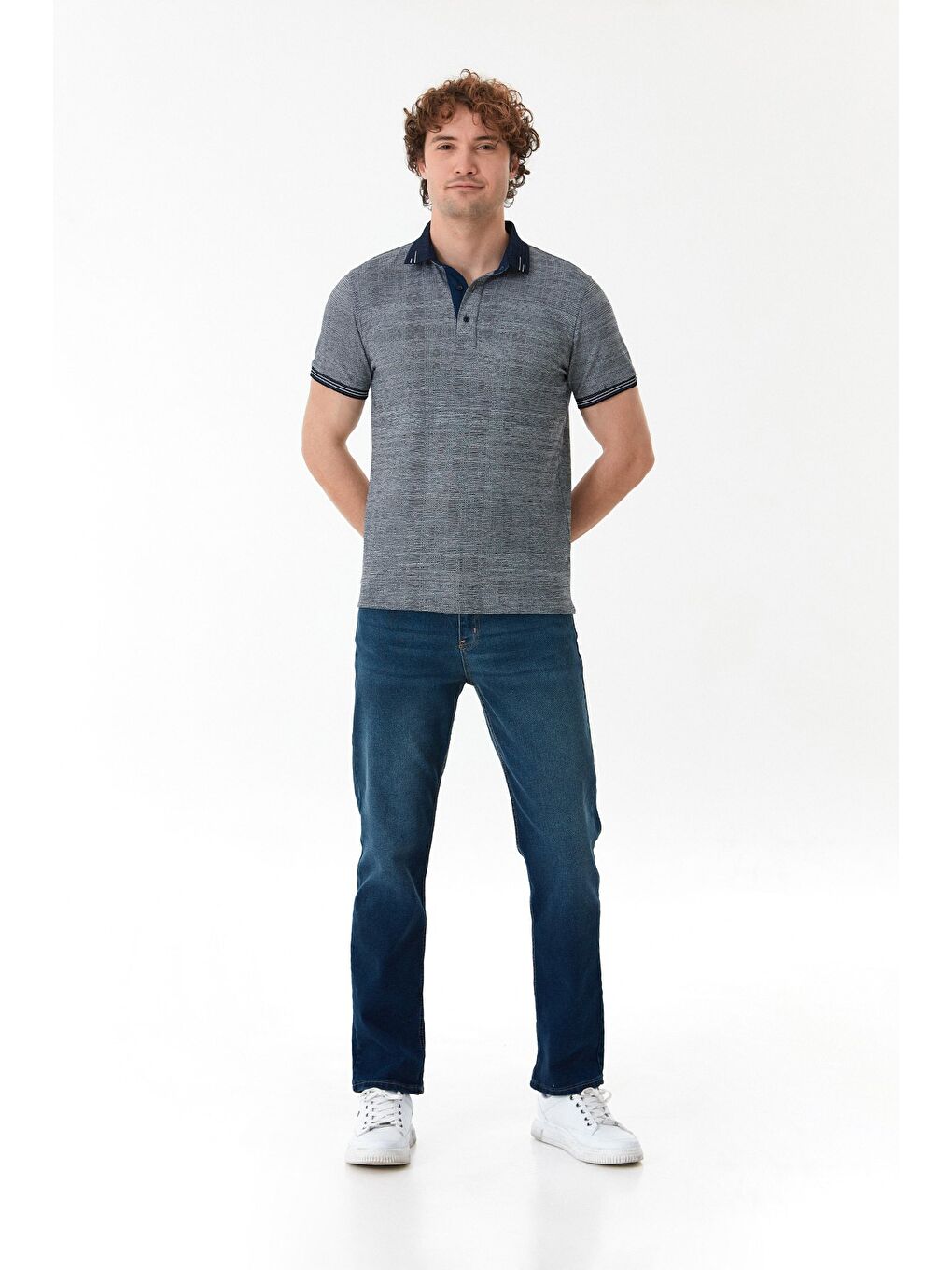 Lacivert Kırçıllı Polo Yaka Yarım Düğmeli Tişört-2