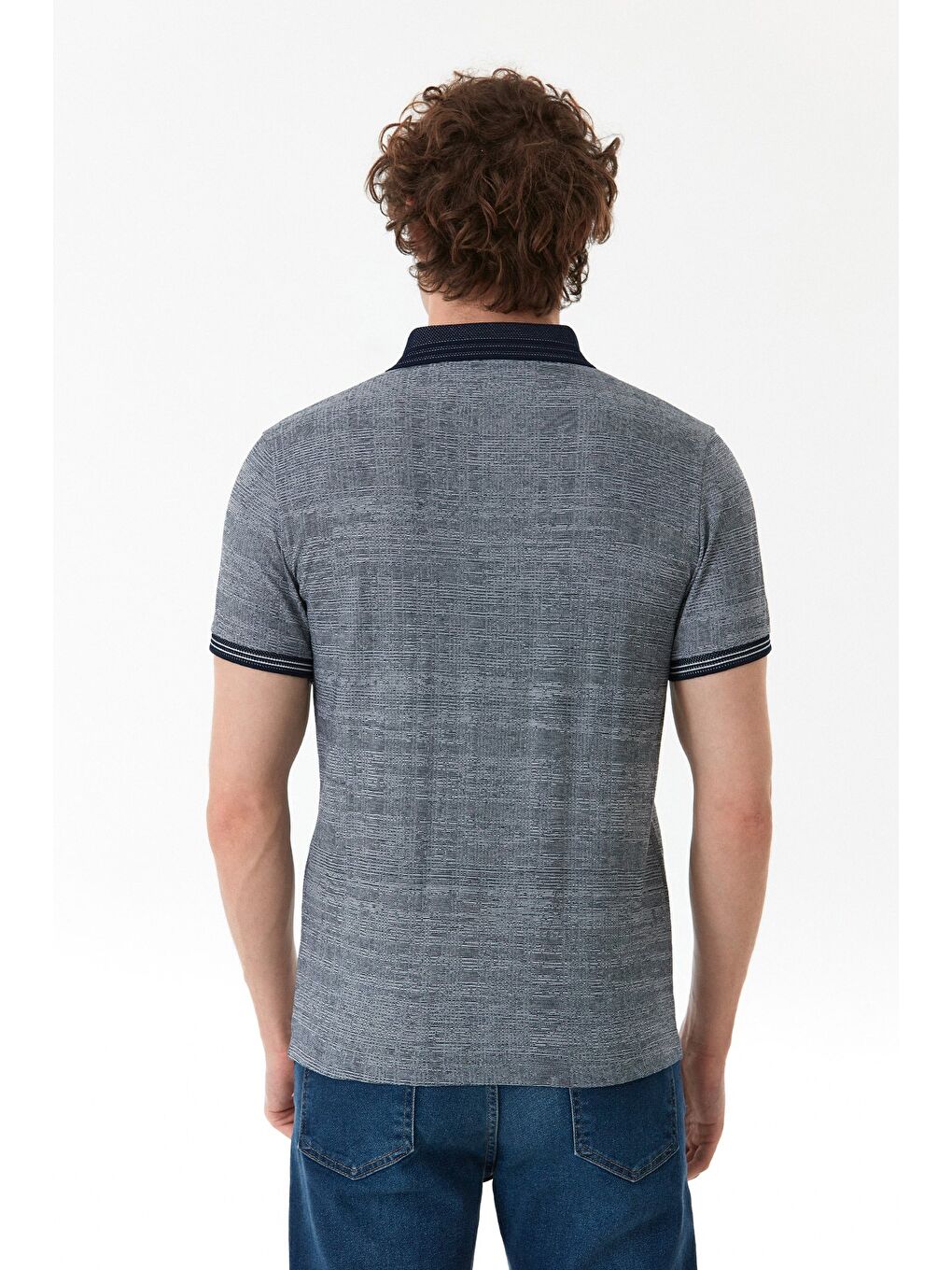 Lacivert Kırçıllı Polo Yaka Yarım Düğmeli Tişört-3