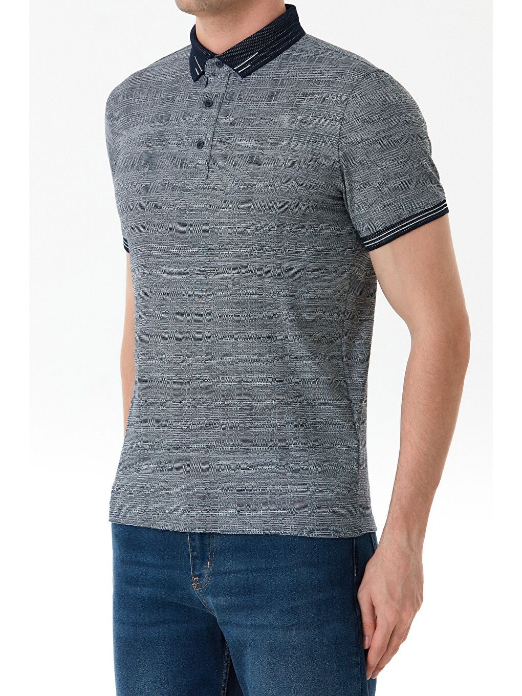 Lacivert Kırçıllı Polo Yaka Yarım Düğmeli Tişört-4