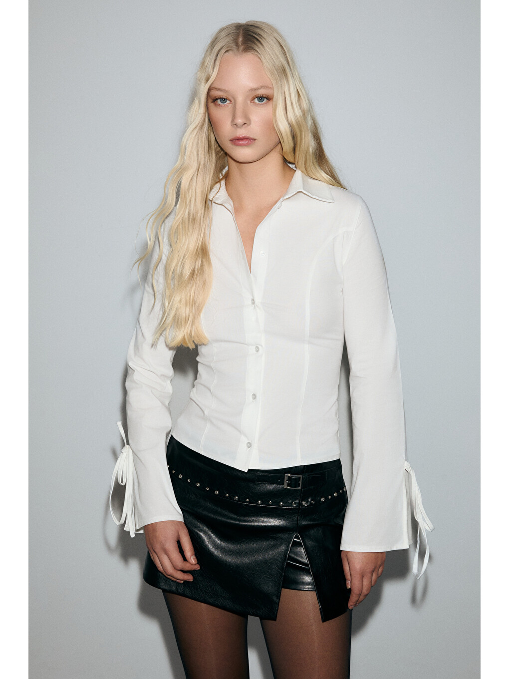 Janeta Kadın Kolları Biye Bağlamalı Slim Fit Vucuda Oturan Beyaz Beyaz Gömlek-1