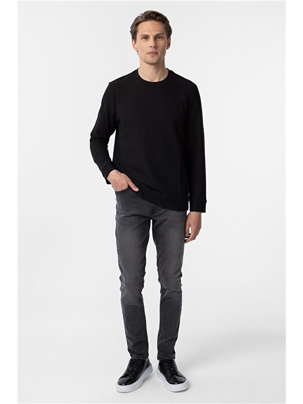 Siyah Regular Armürlü Bisiklet Yaka Triko-6