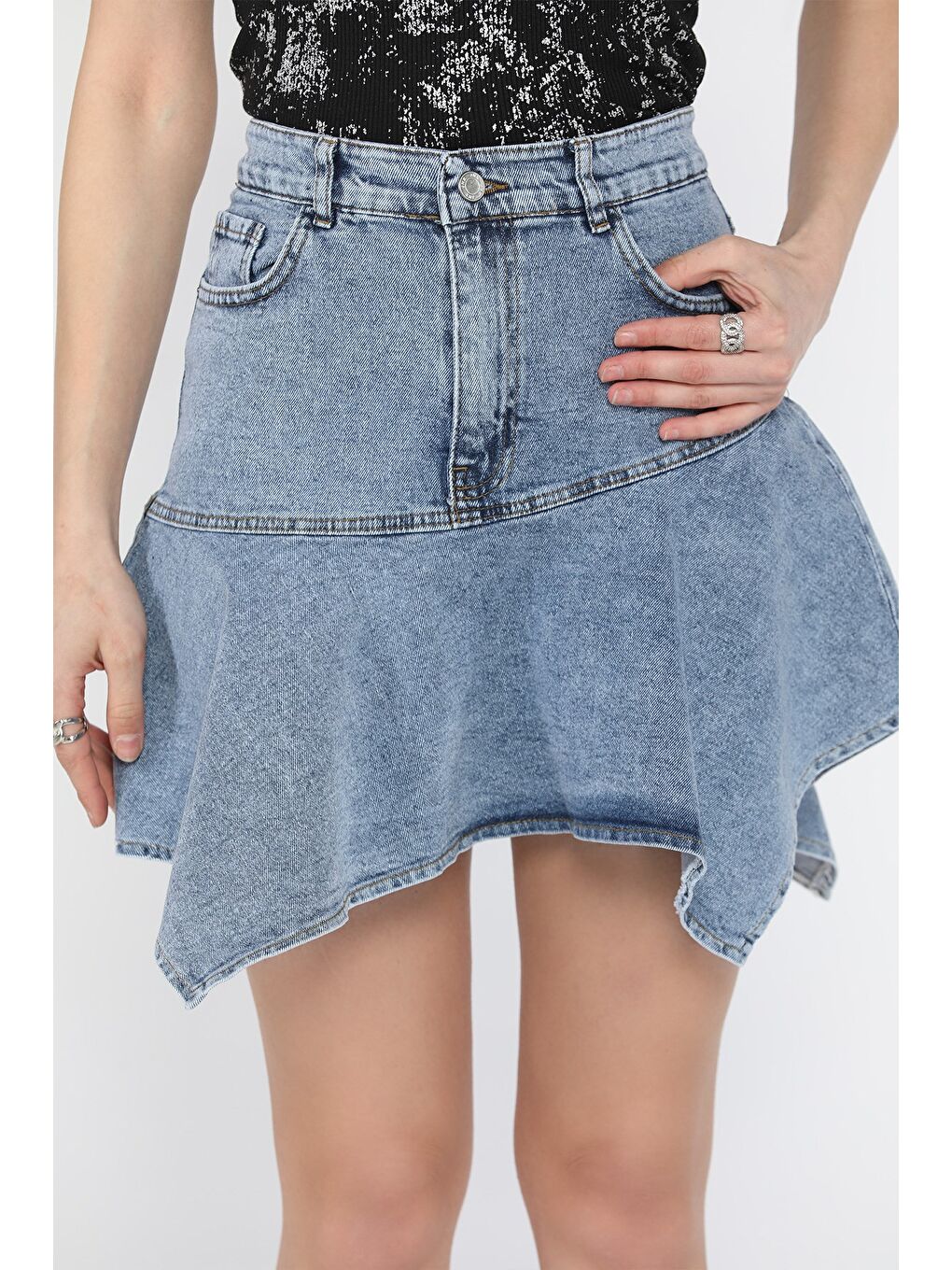 Mavi Volanlı Jean Etek