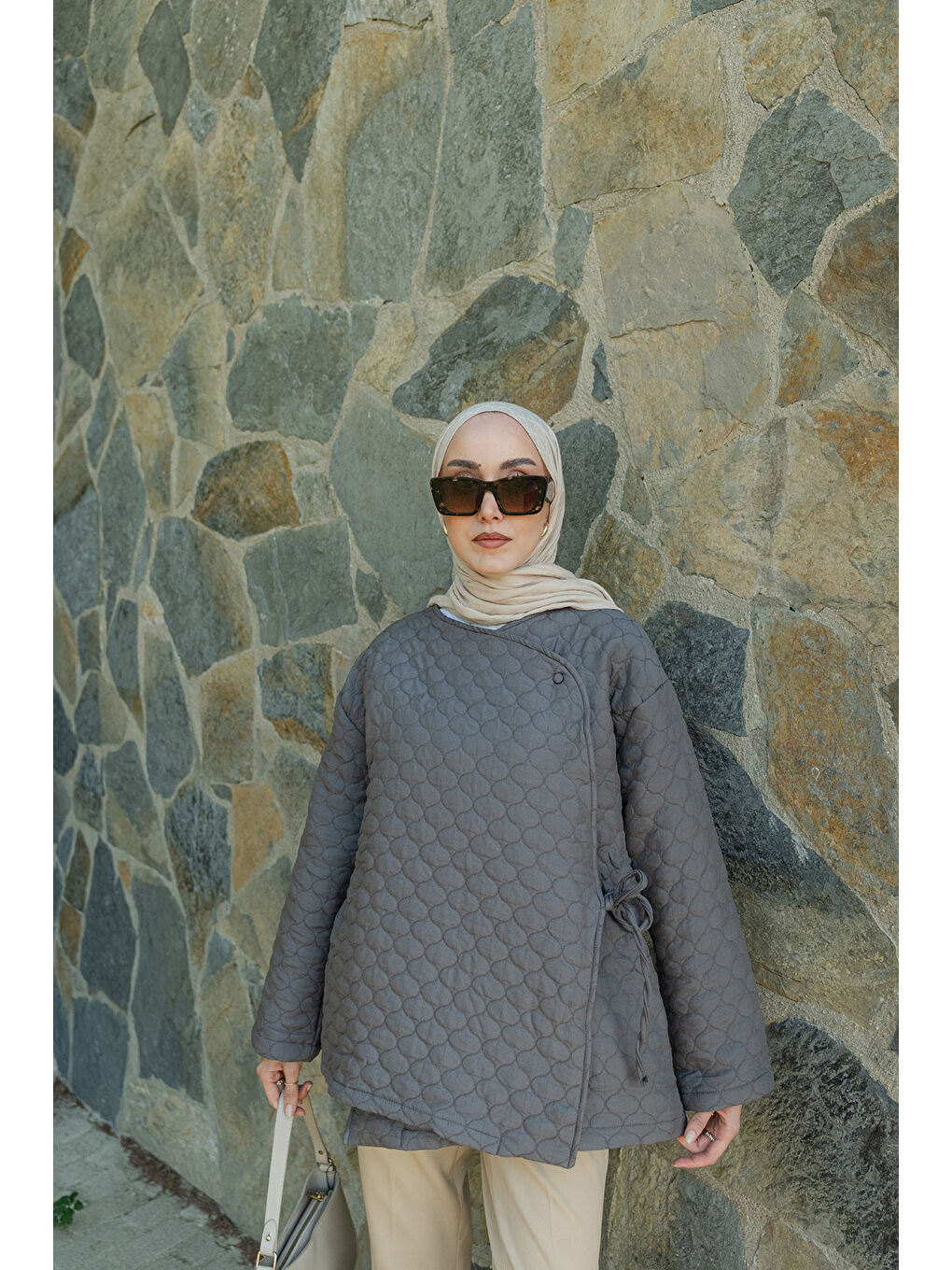 Kadın Düğme Detay Bağlamalı Ceket Gri-1