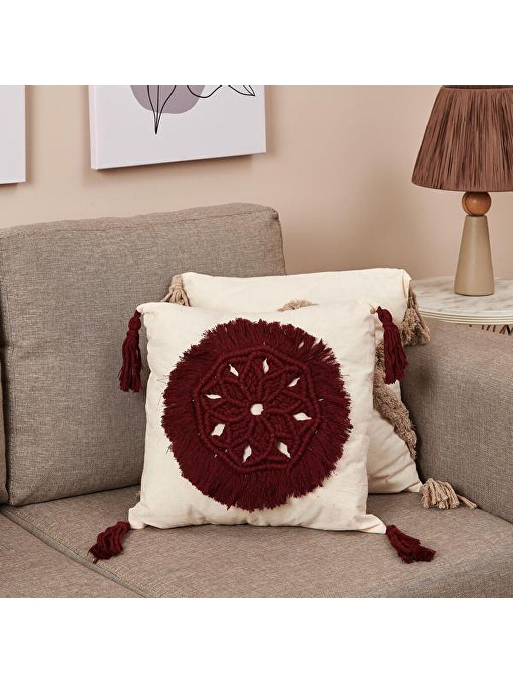 Haki Makrome Handmade Kırlent - Bordo / Ekru