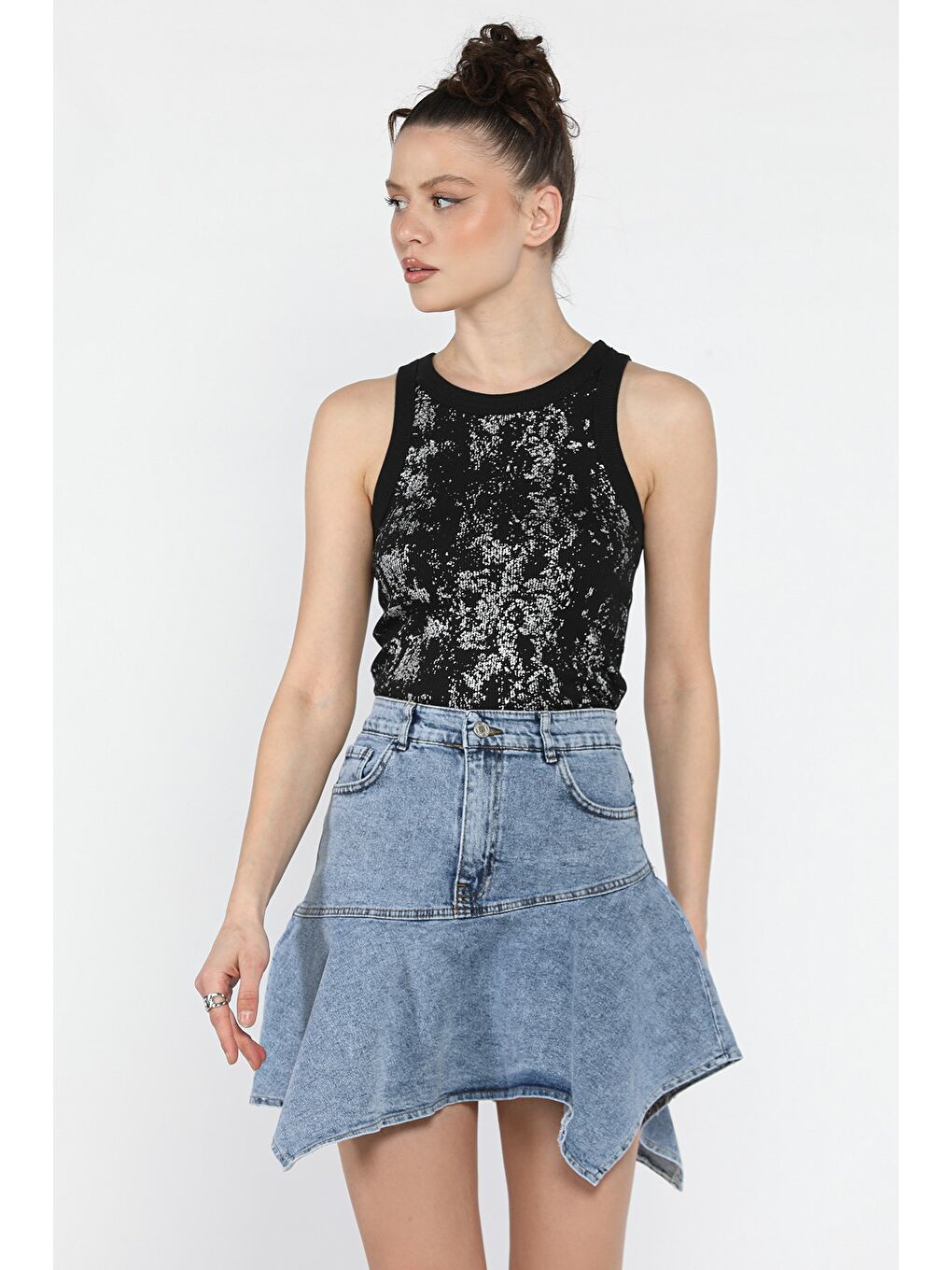 Mavi Volanlı Jean Etek-2