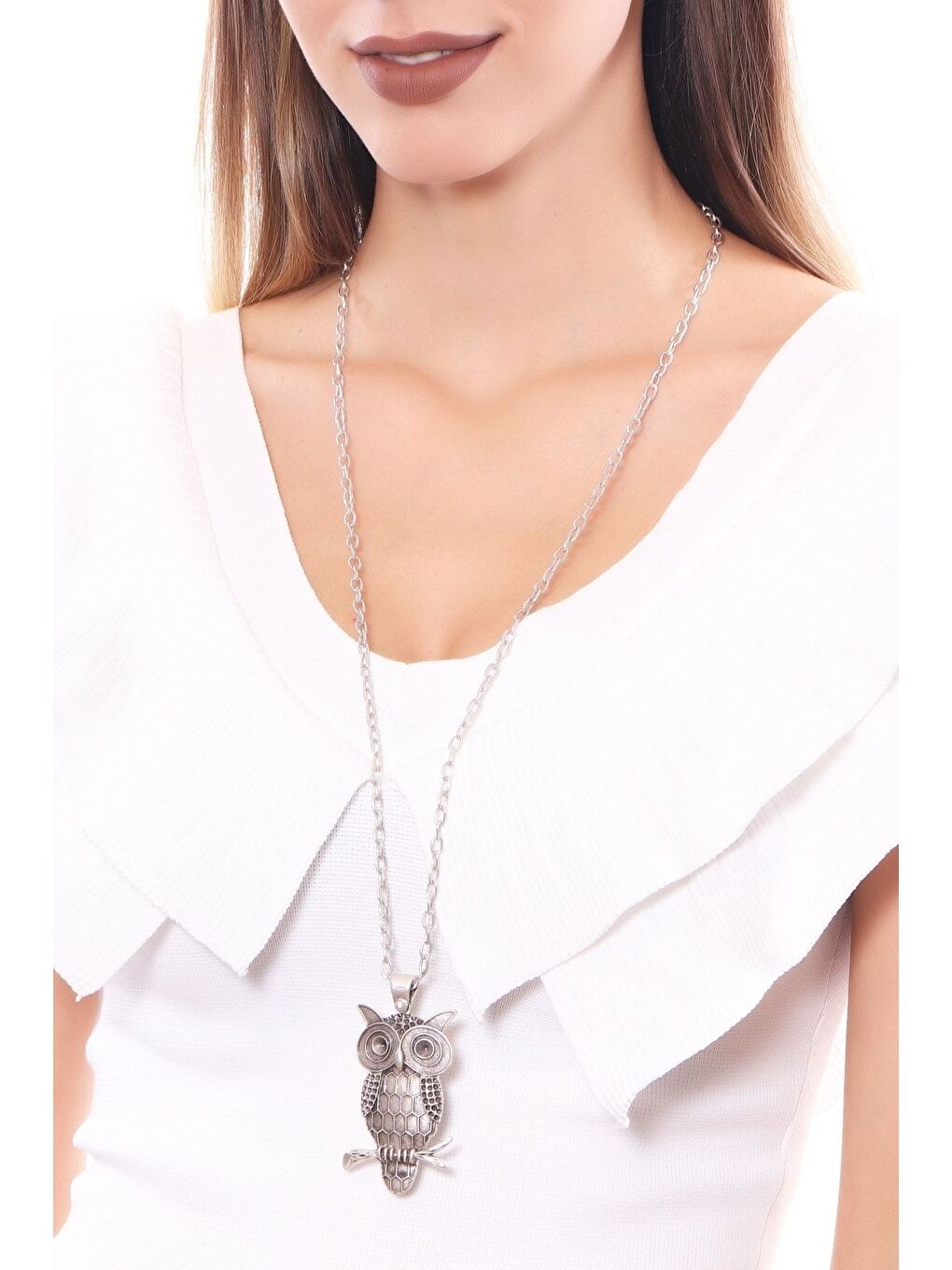 Gri Kadın Antik Gümüş Kaplama Baykuş Simge Uçlu Zincir Kolye-3