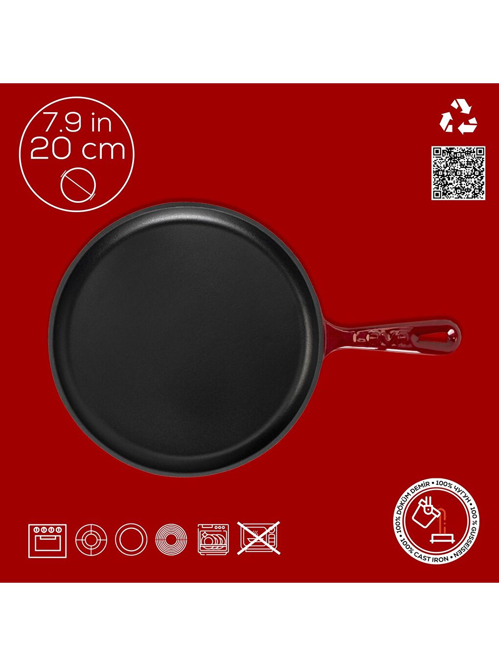 Bordo Yuvarlak Pizza Krep Pankek Tavası Döküm Demir Yekpare Saplı Çap(Ø)20cm.-3