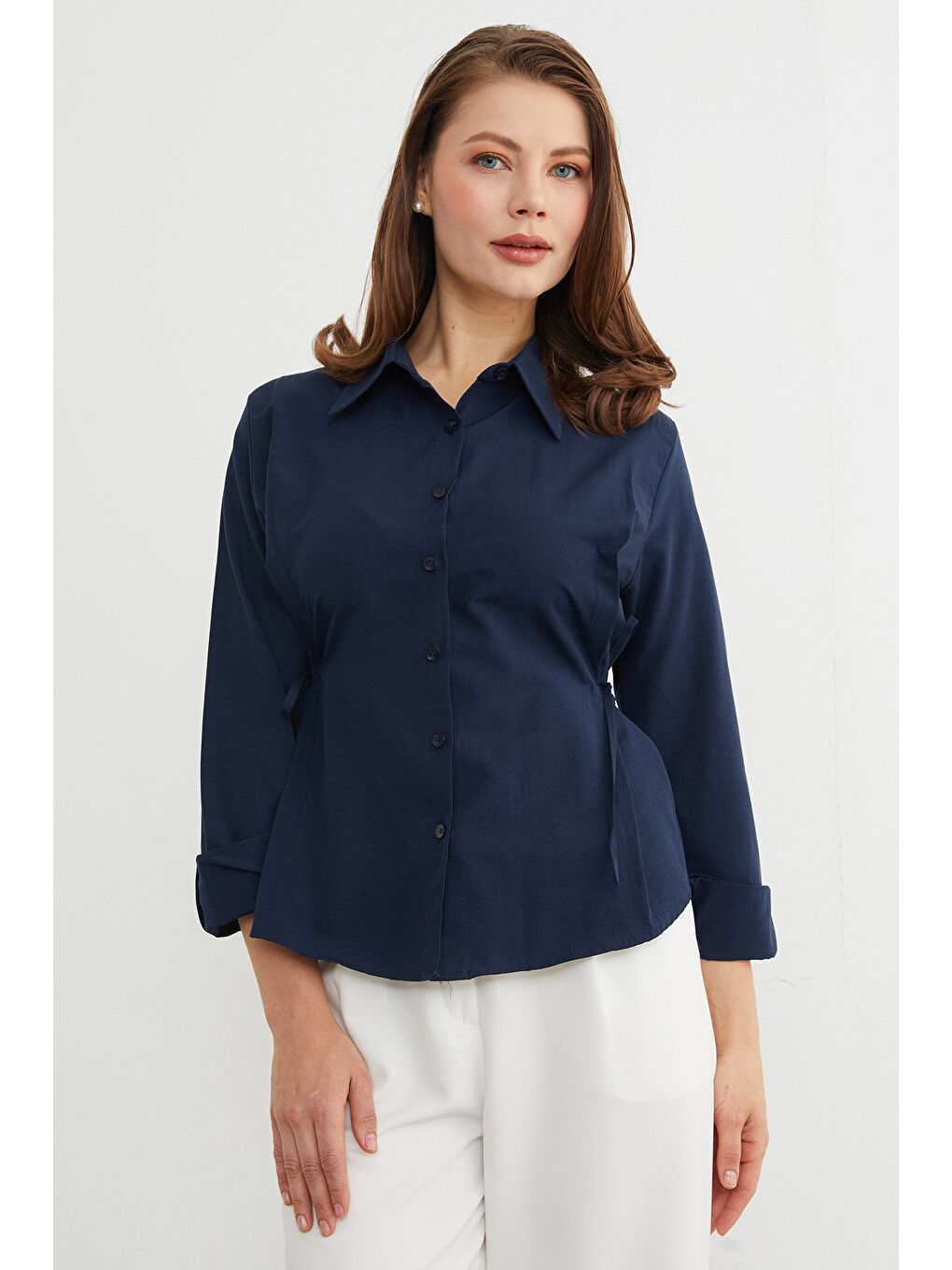 Lacivert Basic Yanı Bağlama Detaylı Gömlek