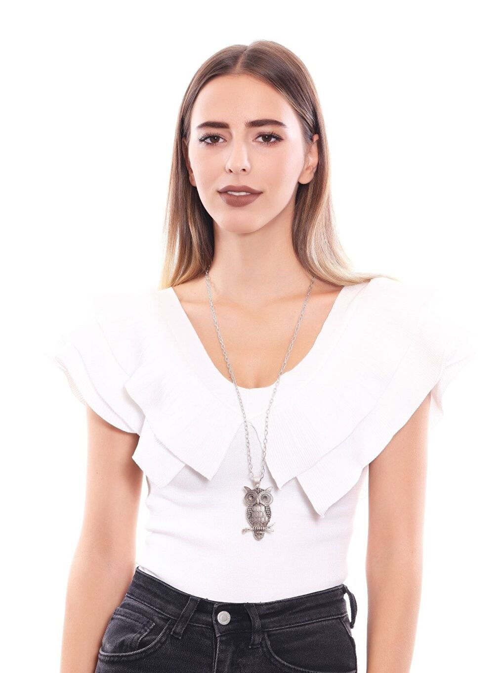 Gri Kadın Antik Gümüş Kaplama Baykuş Simge Uçlu Zincir Kolye-2