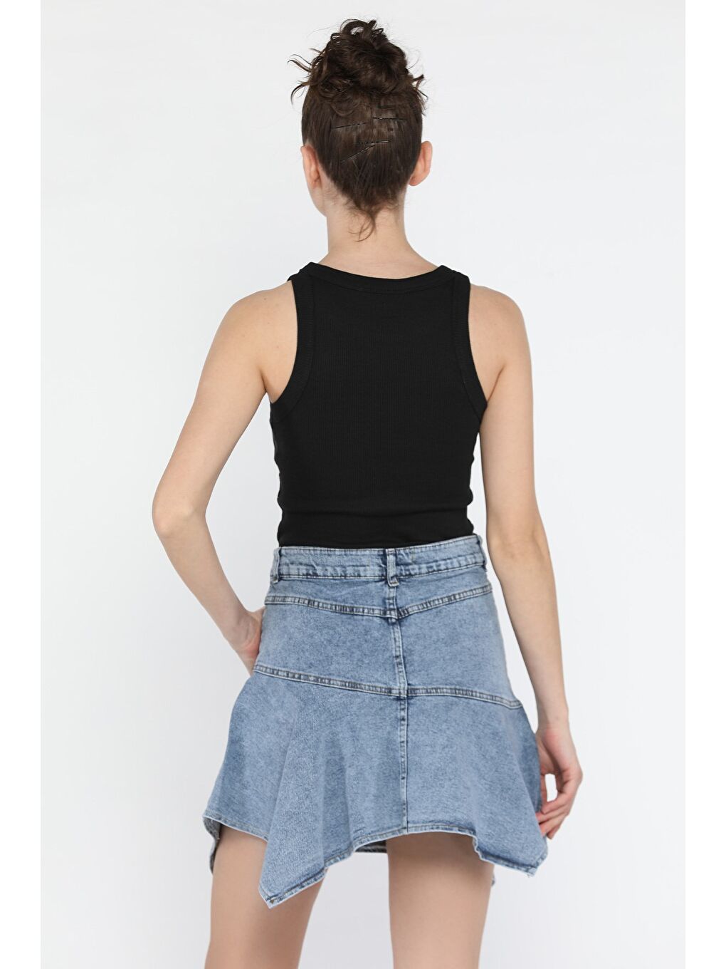 Mavi Volanlı Jean Etek-3