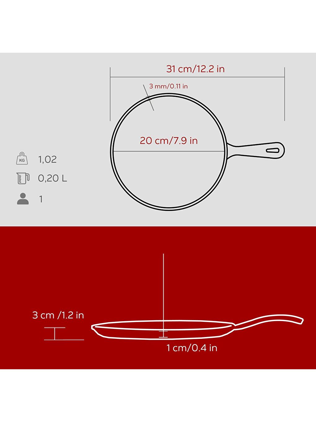 Bordo Yuvarlak Pizza Krep Pankek Tavası Döküm Demir Yekpare Saplı Çap(Ø)20cm.-4