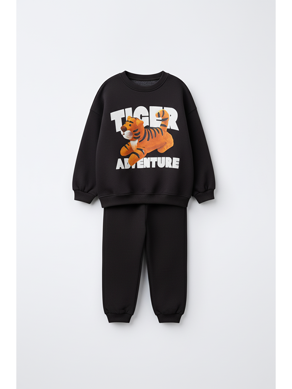 Erkek Çocuk Pamuklu Siyah Kaplan Baskılı Sweatshirt Ve Eşofman Alt Takım