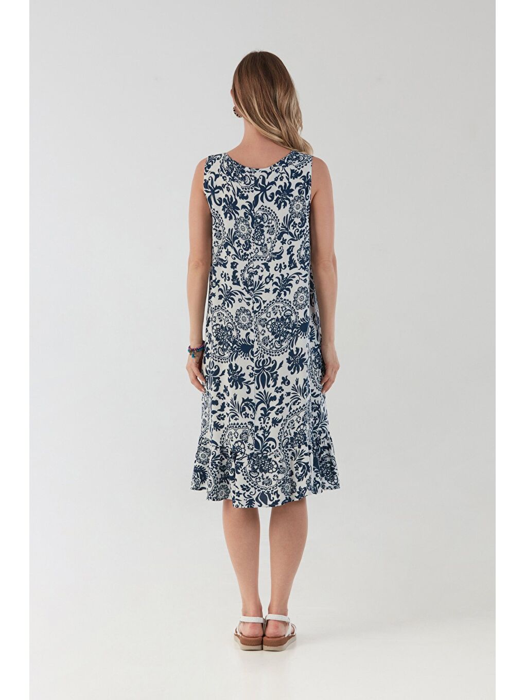 Lacivert Şal Desenli V Yaka Pileli Salaş Elbise-3