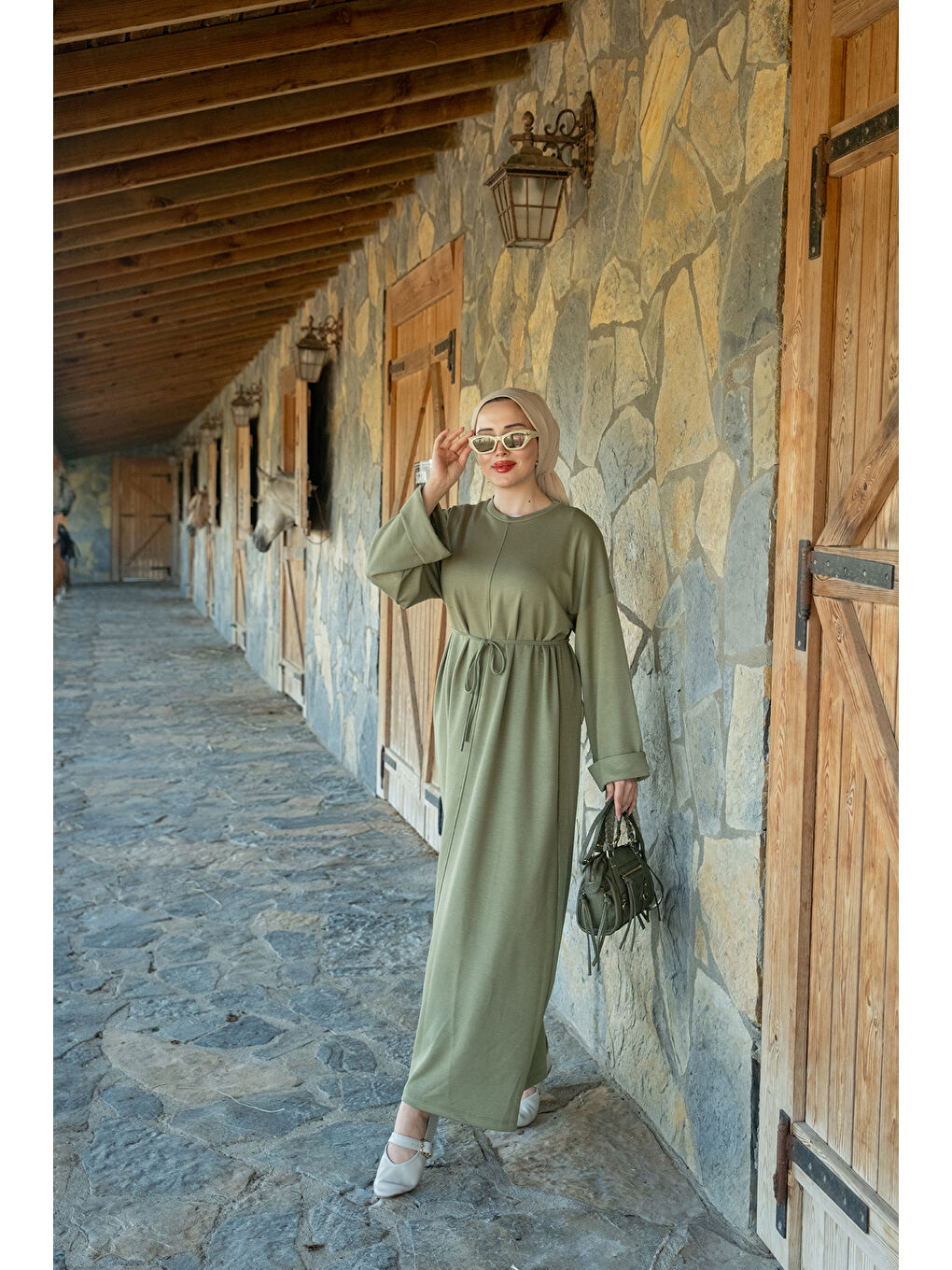 Kadın Dikiş Detay Bağlamalı Elbise Fıstık Yeşil-1