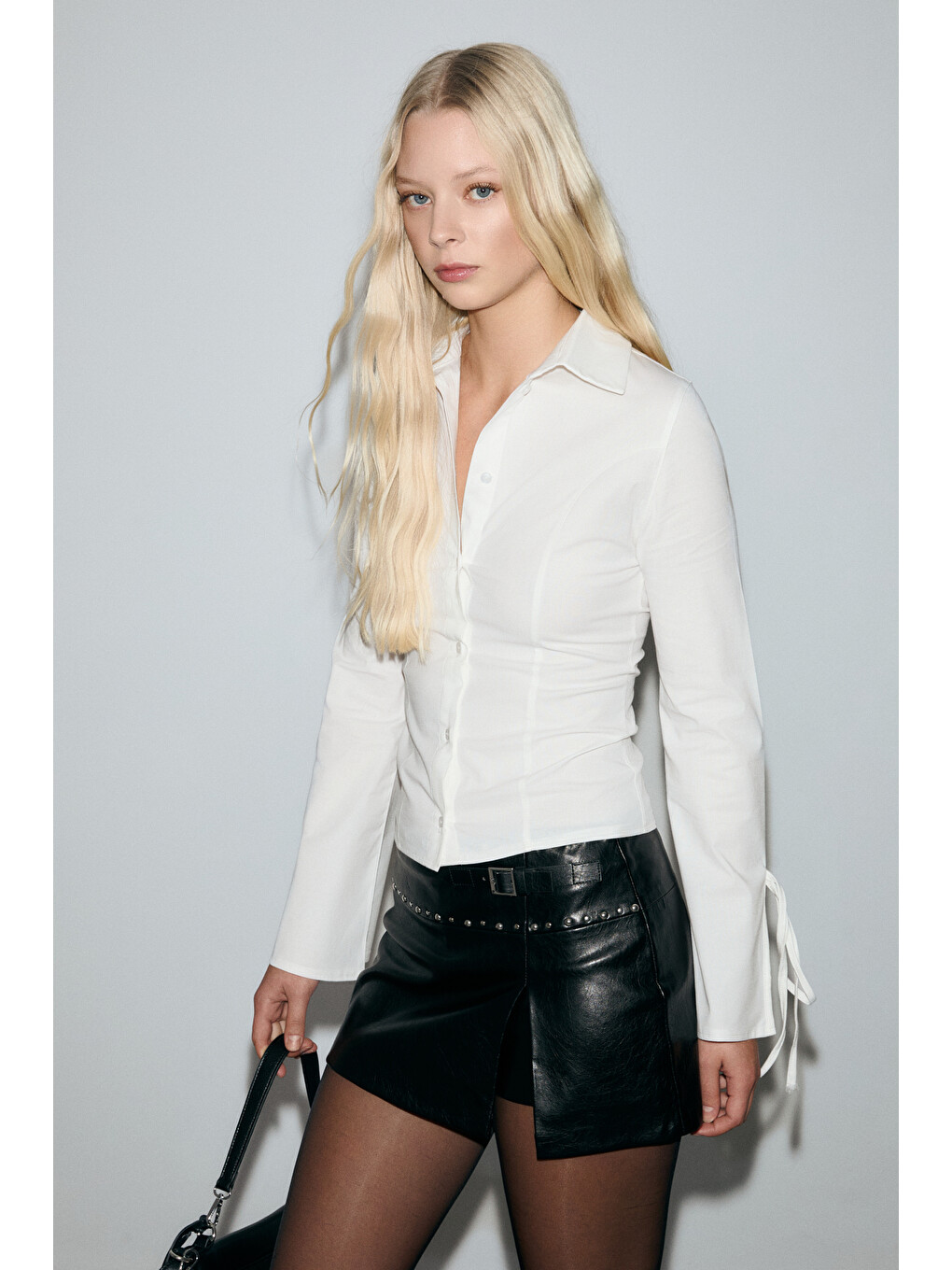 Janeta Kadın Kolları Biye Bağlamalı Slim Fit Vucuda Oturan Beyaz Beyaz Gömlek-4