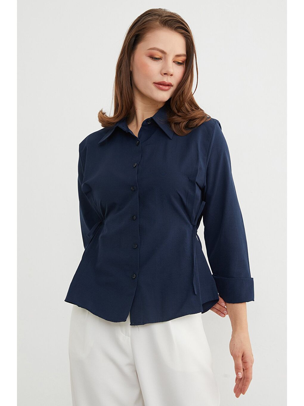 Lacivert Basic Yanı Bağlama Detaylı Gömlek-2