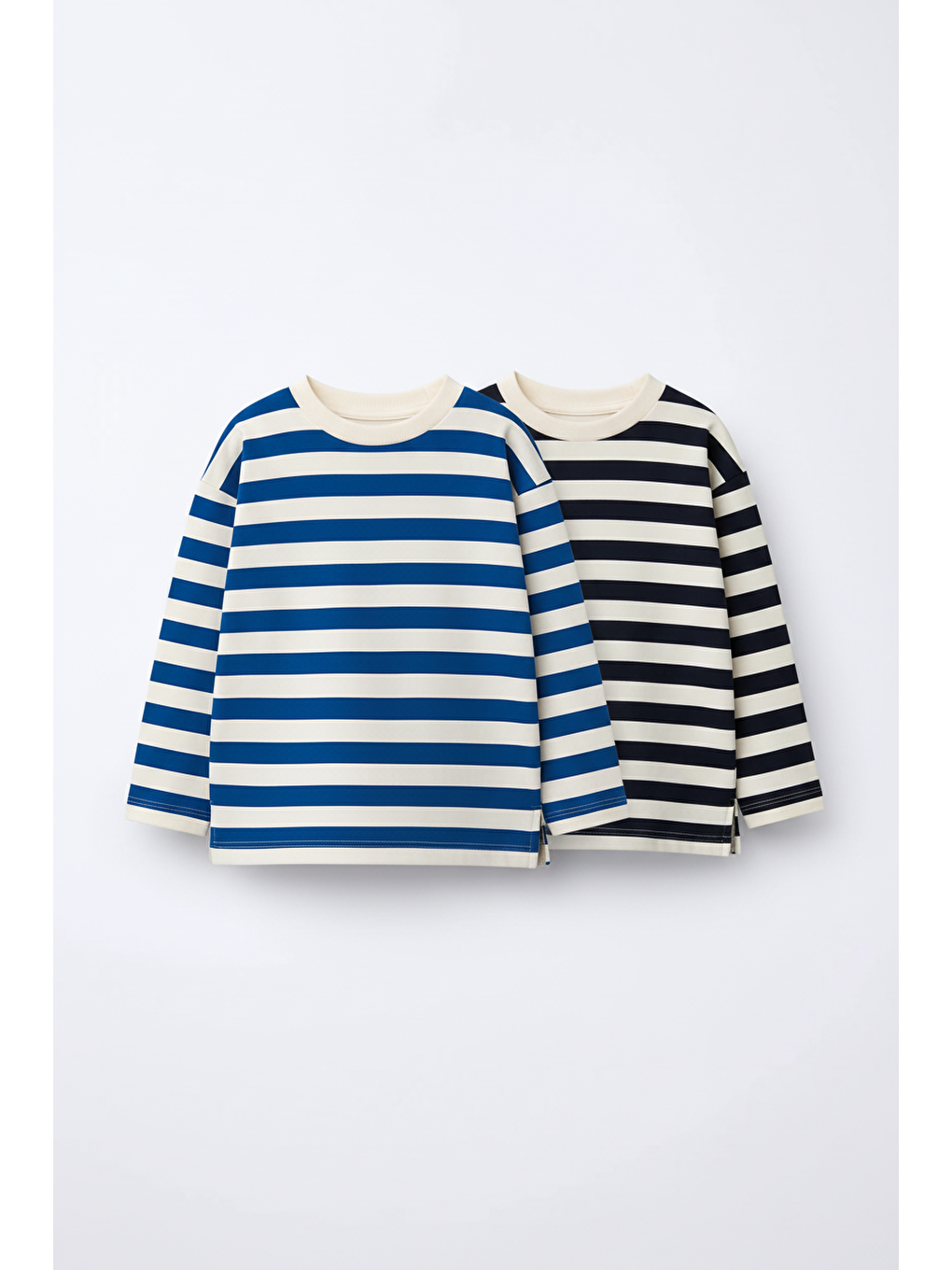 Karışık Unisex Çocuk Pamuklu Lacivert Ve Mavi Çizgili Uzun Kollu T-Shirt 2'Li Paket