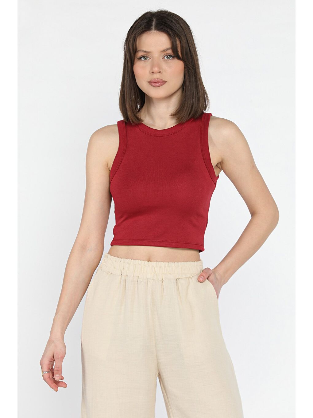 Bordo Kadın Bisiklet Yaka Sıfır Kol Crop Top Bluz