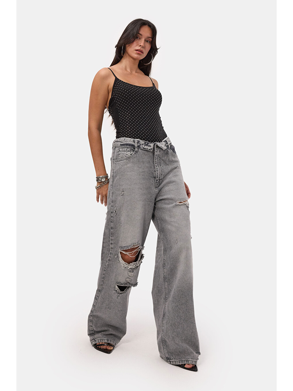 Gri Kadın Füme 12s6-12 Straight Fit Kemer Detaylı Özel Tasarım Denim Jean-1