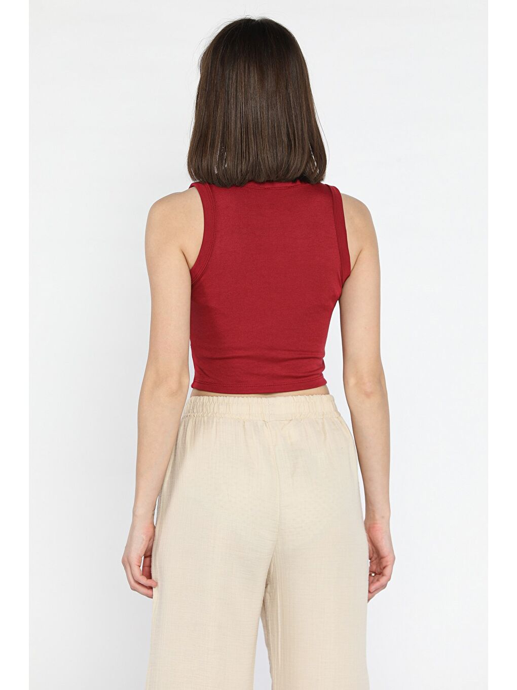 Bordo Kadın Bisiklet Yaka Sıfır Kol Crop Top Bluz-2