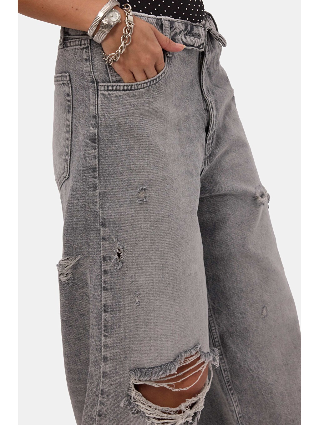 Gri Kadın Füme 12s6-12 Straight Fit Kemer Detaylı Özel Tasarım Denim Jean-3