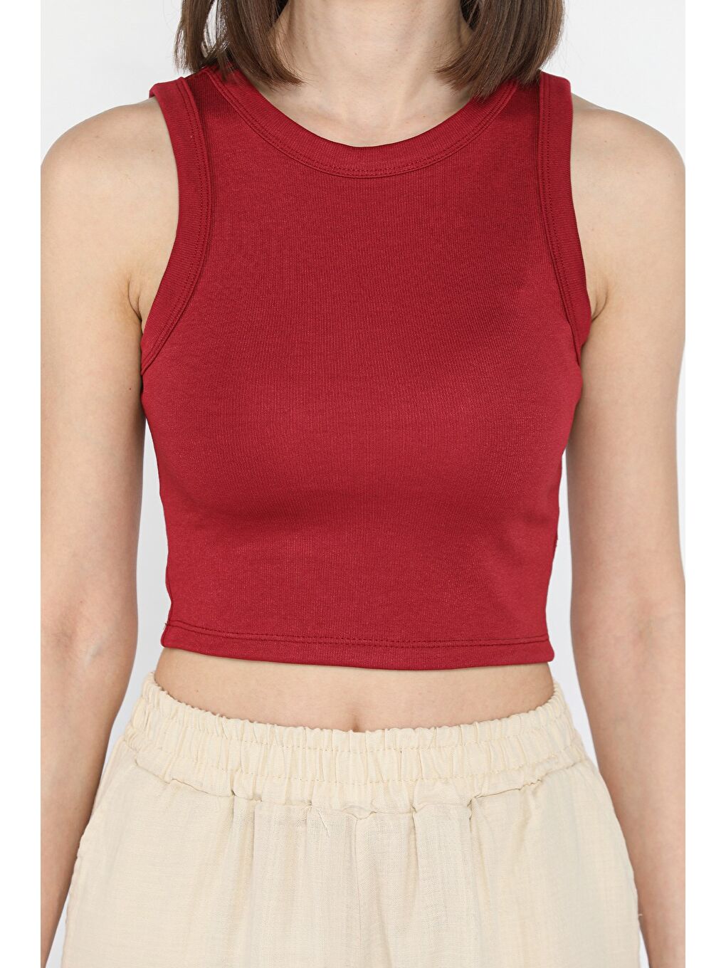 Bordo Kadın Bisiklet Yaka Sıfır Kol Crop Top Bluz-3