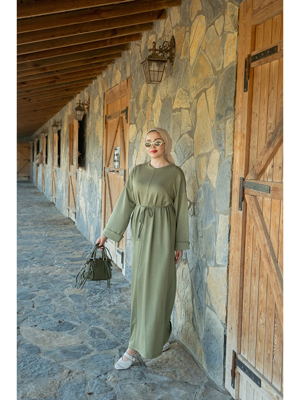 Kadın Dikiş Detay Bağlamalı Elbise Fıstık Yeşil-2