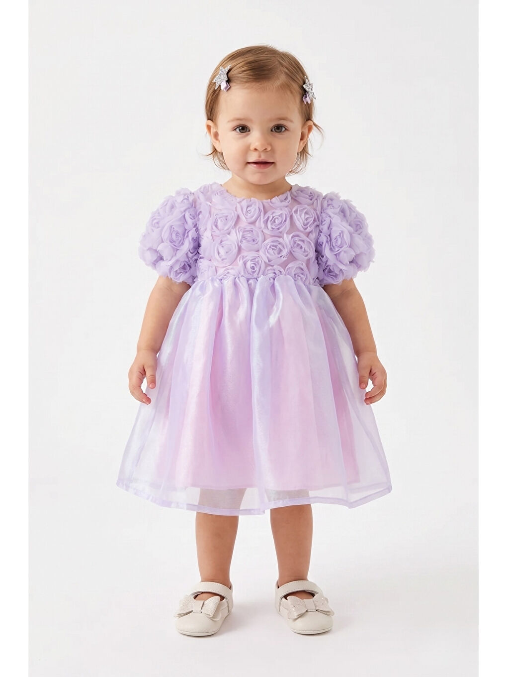 Lila Gül Aplikeli Tül Etekli Kız Bebek Elbise - Fallon