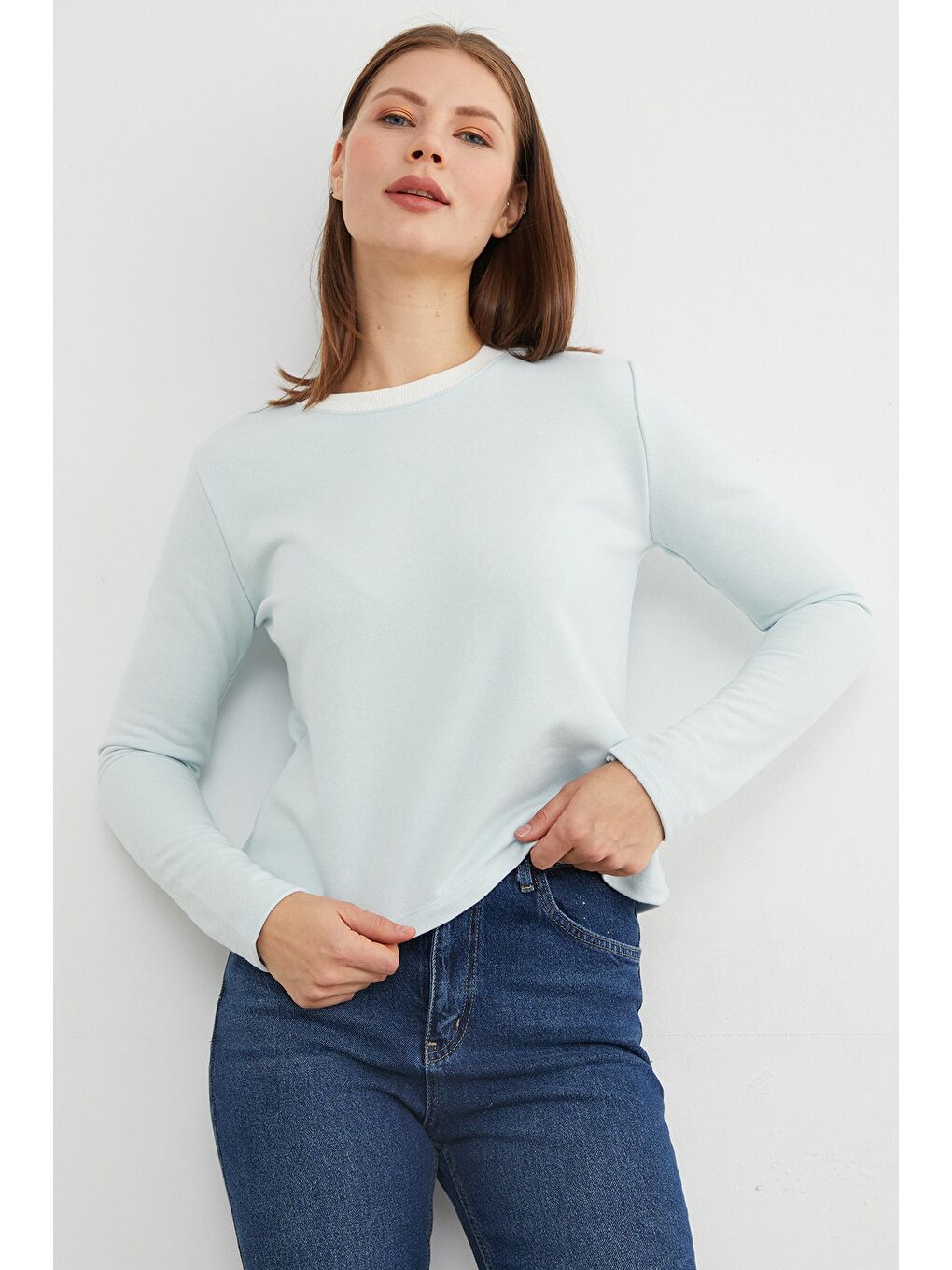 Mavi 3 İplik Şardonsuz Yakası Ribanalı Sweatshirt