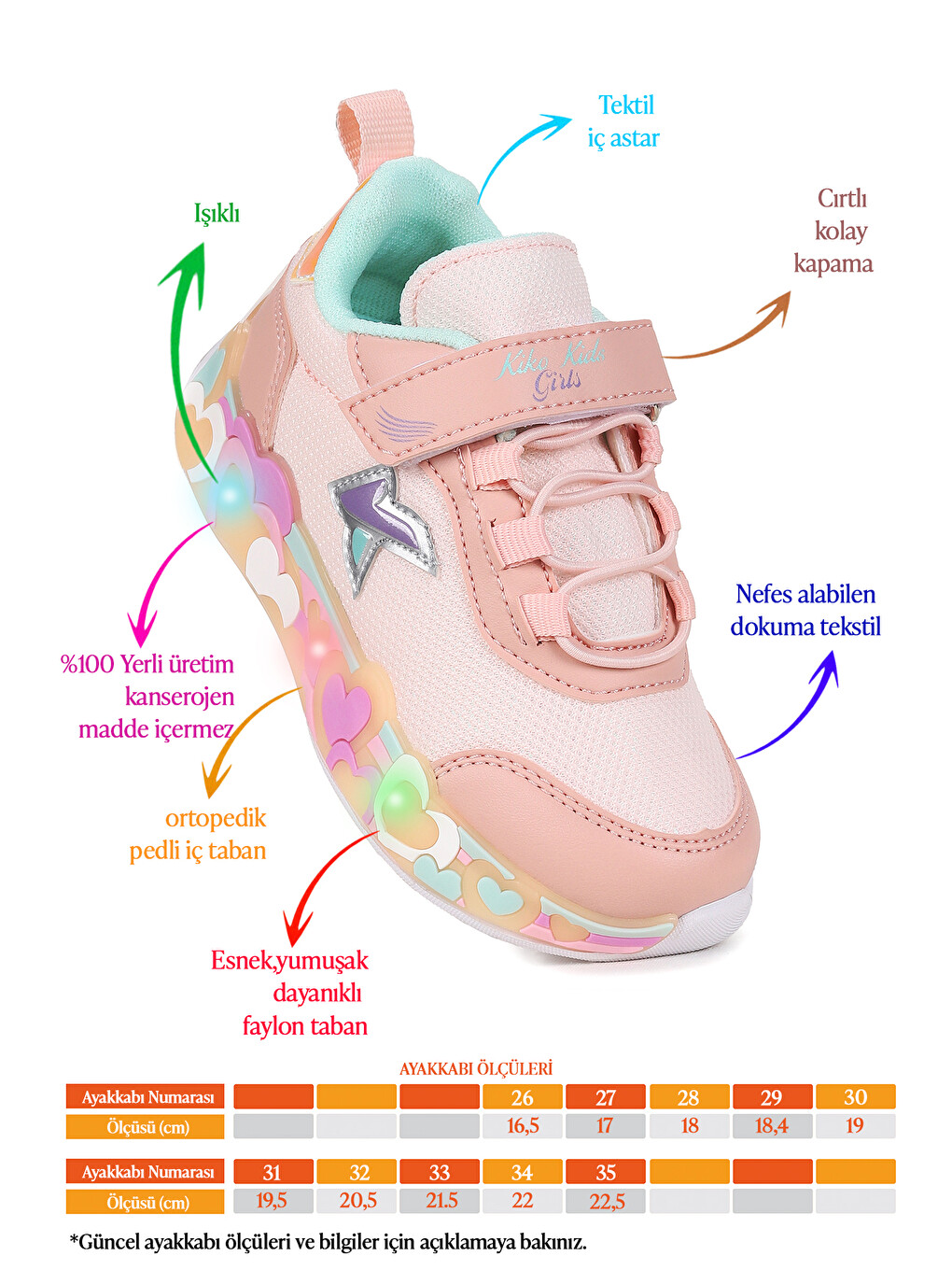 Pembe Heart Işıklı Günlük Cırtlı Kız Çocuk Spor Ayakkabı-1