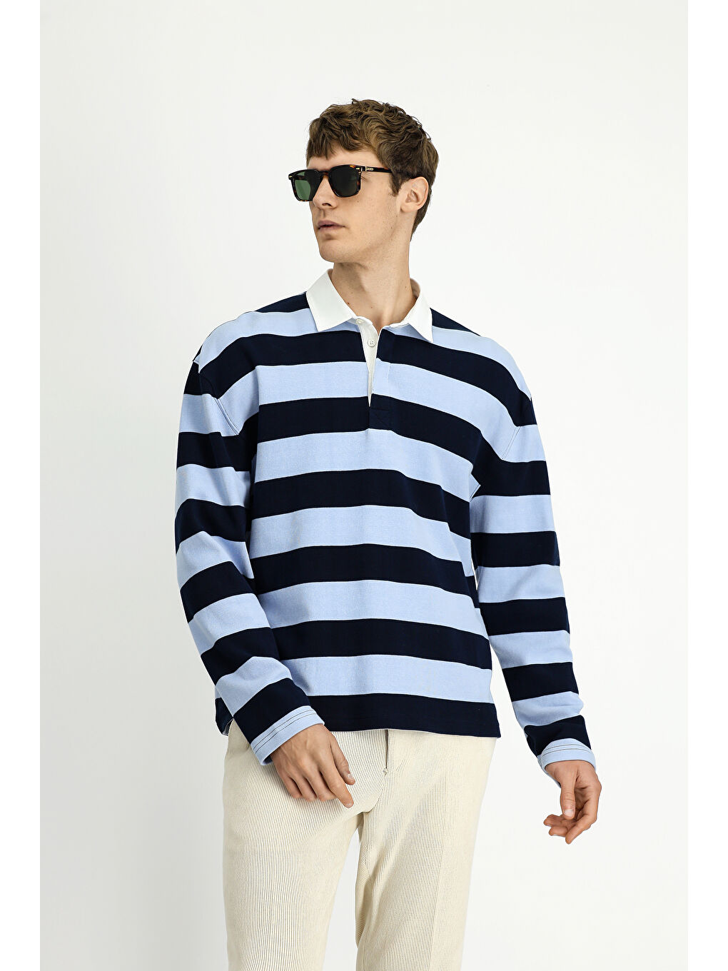 Mavi Polo Yaka Oversize Ekstra Rahat Kesim Çizgili Pamuk Sweatshirt-1