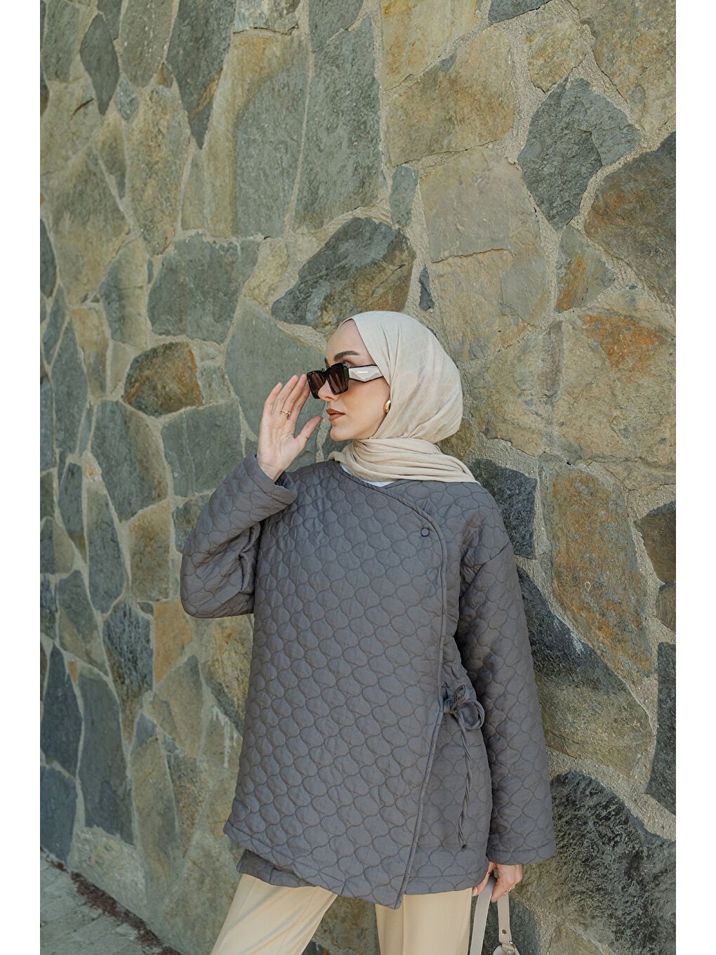 Kadın Düğme Detay Bağlamalı Ceket Gri-3