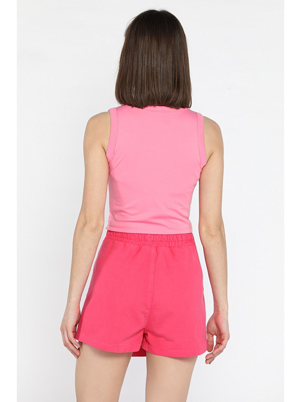 Pembe Kadın Bisiklet Yaka Sıfır Kol Crop Top Bluz-2