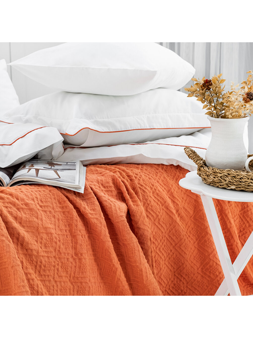 Kahverengi Home Kylie Yatak Örtüsü Nevresim Seti 7 Parça-Kiremit-4