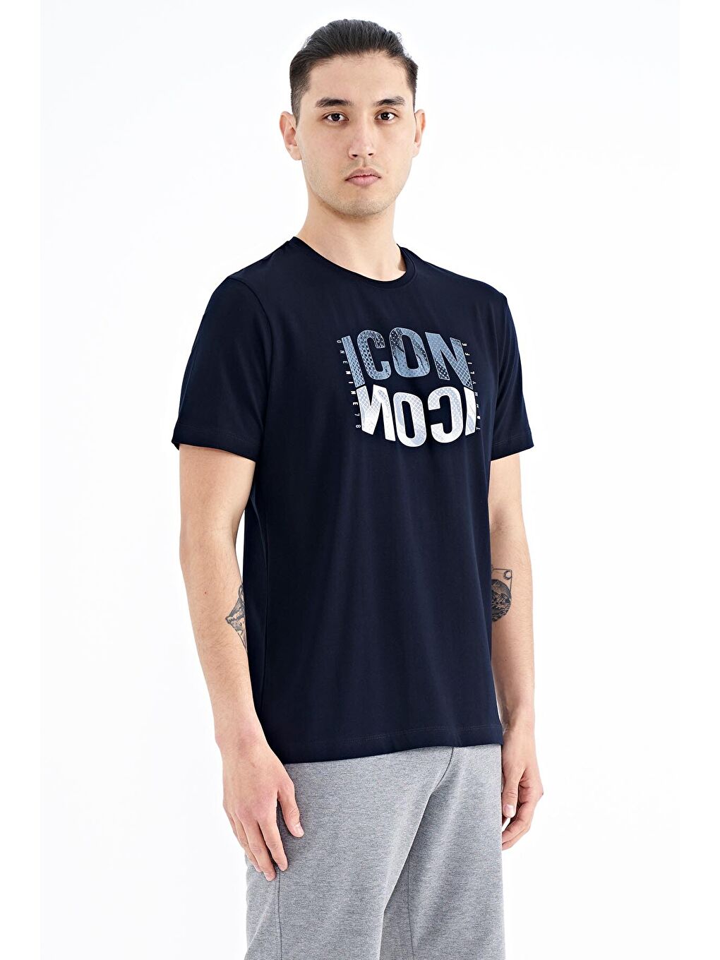 Lacivert Yazı Baskılı O Yaka Standart Kalıp Erkek Tişört - 88174-3