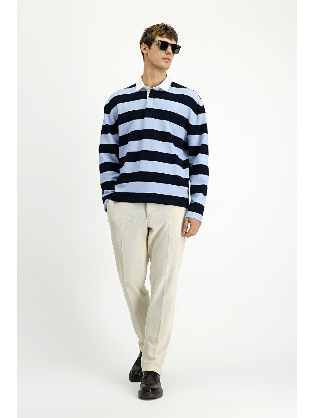 Mavi Polo Yaka Oversize Ekstra Rahat Kesim Çizgili Pamuk Sweatshirt-2