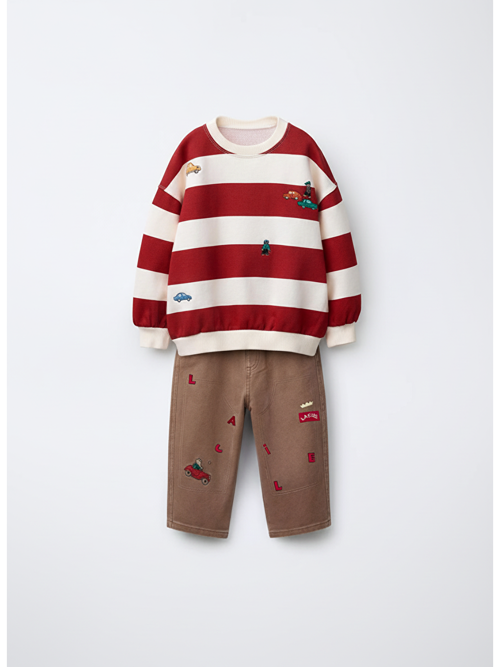 Karışık Erkek Çocuk Pamuklu Çizgili Kırmızı Sweatshirt Ve Nakışlı Kahverengi Pantolon Takım