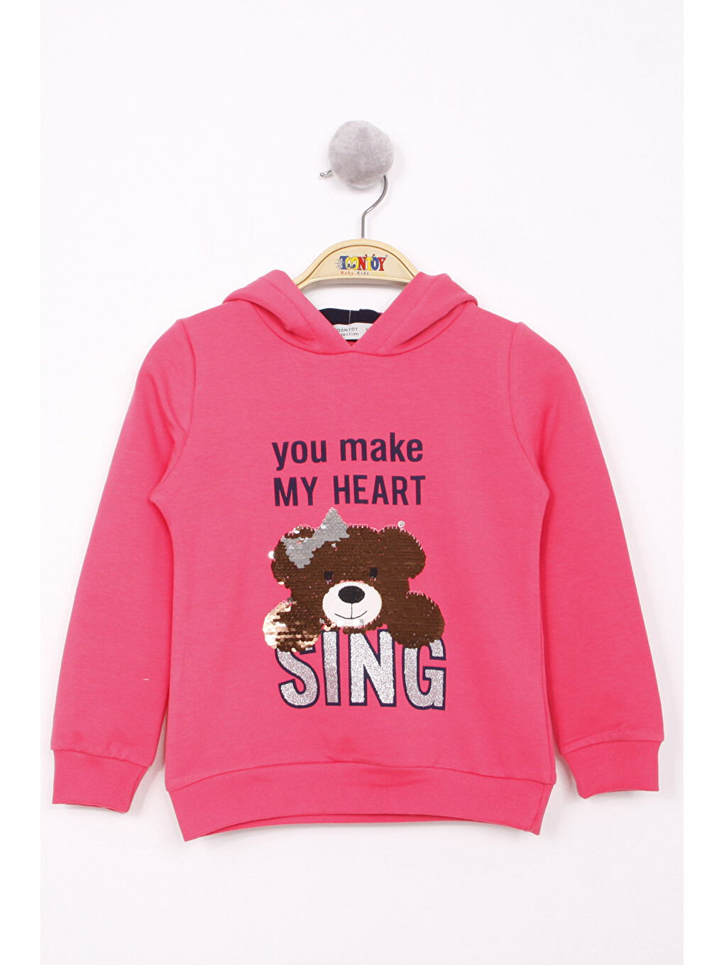 Fuşya Kız Çocuk Pullu Ayıcık Nakışlı Sweatshirt