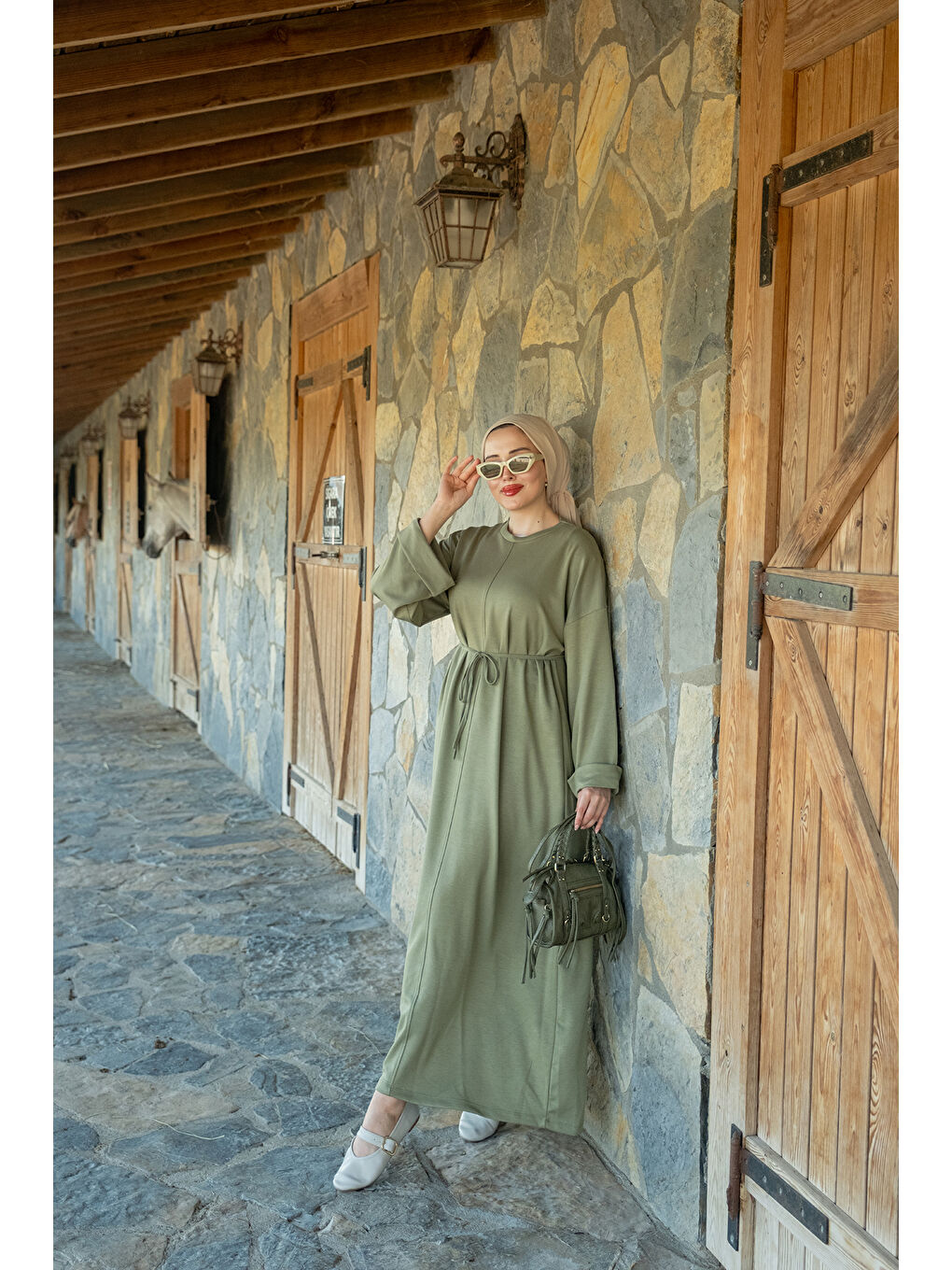 Kadın Dikiş Detay Bağlamalı Elbise Fıstık Yeşil-3